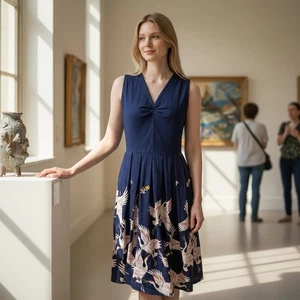 Belle Poque Navy Blue Sleeveless Cotton Midi Dress Cranes Pockets Size L Large - Picture 1 of 9