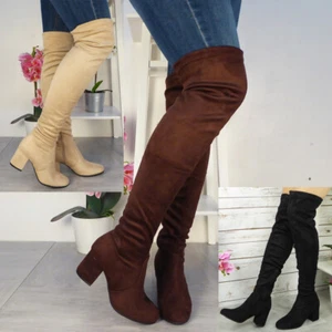 Thigh High Boots Ladies Over The Knee Casual Womens Office Mid Heel Shoes Sizes - Picture 1 of 28