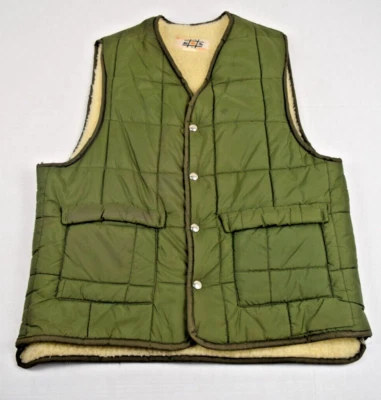 Vintage Puffer Vest Western Trails Size L 60s Hunter Green Sherpa Lined Quilted - Image 1 of 4