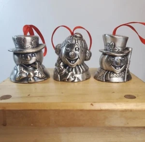 Frosty the Snowman Pewter Bells Christmas Holiday Ornament Set Of 3 - Picture 1 of 7