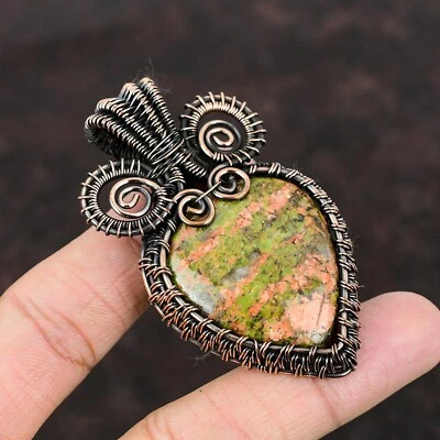 Joyería de piedras preciosas Unakita regalo de cobre para amigo colgante envuelto en alambre 2,76" Foto 1 de 4