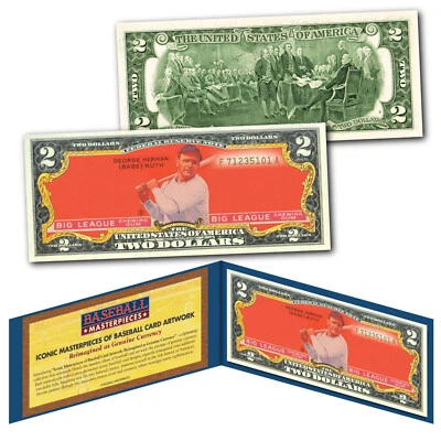 BABE RUTH 1933 Goudey #149 (Red) Yankees iconic Card Art on Genuine $2 U.S. Bill - Image 1 of 3