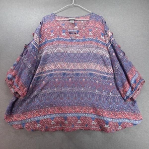 Catherines Blouse Women 3X Boho Red Blue Abstract Print Slit Sleeve Keyhole Neck - Picture 1 of 11