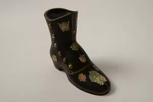 Cast Metal Victorian Button Boot Vase (R2L) Black w/Flowers Boquets Cherubs Shoe - Picture 1 of 10