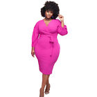 New Women Plus Size Puff Sleeves Bandage V Neck Patchwork Solid Club Dress