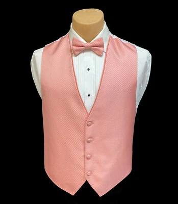 Men's Flow Formals Coral Pink Tuxedo Vest & Tie Bow Long Prom Wedding Groom - Image 1 of 3