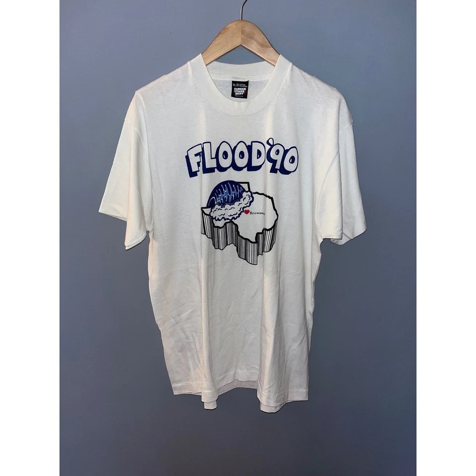 Camiseta Vintage Flood '90 Brownwood Texas Pantalla Estrellas XL Blanca Foto 1 de 4