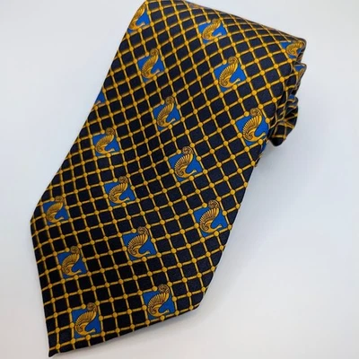 LANVIN PARIS мужчин 100% шелк галстук темно-синий и золотой геометрический птица 60» роскошь EUC - Изображение 1 из 4
