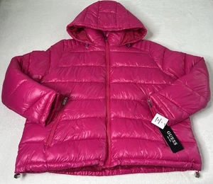 Guess Hot Pink Womens Fall Winter Puffer Hooded Full Zip Jacket  Pockets Sz XXL - Picture 1 of 12