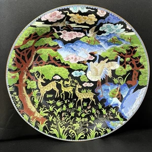 Large Chinese Cloisonne Enamel Charger Plate Deers Cranes Auspicious Clouds Tree - Picture 1 of 16