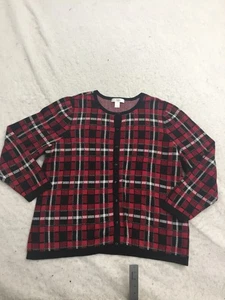 CJ Banks Sweater Plus Size 2X Red Black Plaid Long Sleeve Button Up Crew Neck - Picture 1 of 8