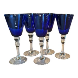 Vintage Hand Blown Cobalt Blue With Clear Stem Water Wine Glass Set Of 5 - Picture 1 of 3