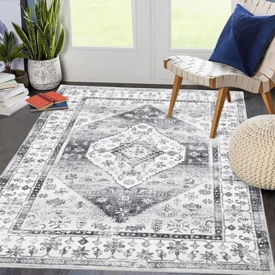 Alfombra 9x12, Vintage Floral, Gris, Lavable a Máquina, Antideslizante, Pila Baja, Re... Foto 1 de 4