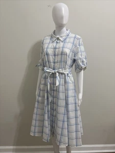 Calvin Klein weiß blau kariert Taille Tie Fit & Flare Midi Hemden Kleid Gr. 14 - Bild 1 von 10