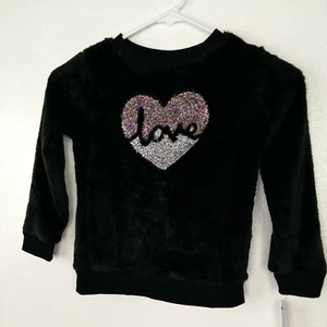 Cat & Jack Sweater Girl's XS 4/5 Faux Fur Pullover Black Glitter Love Heart NWT - Picture 1 of 7