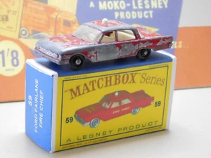 MATCHBOX LESNEY NO 59 FORD FAIRLANE FIRE CHIEF RED MADE IN ENGLAND & REPRO BOX - Picture 1 of 4
