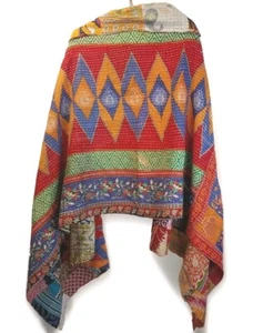 Kantha Fringed Patchwork Reversible Shawl Wrap Scarf Festival Fairy Sz 36"/84" C - Picture 1 of 14