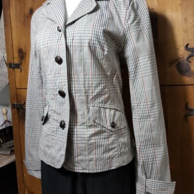 Chaqueta de algodón claro a cuadros ISAAC MIZRAHI para mujer talla M color tostado negro naranja núcleo básico  Foto 1 de 4