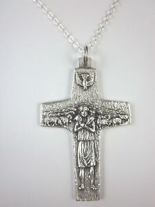 Ladies Pope Francis Good Shepard Cross 1 5/8" Italy Pendant Necklace 20" Chain