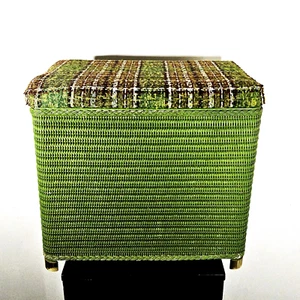 Vintage Green Wicker Rattan Clothes Hamper w/ Tweed Lid Vtg 60s 70s Retro MCM - Picture 1 of 11