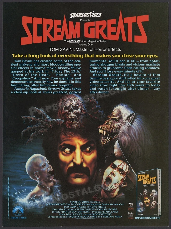SCREAM GREATS - 原版 1986 年印刷广告/广告 _ Tom Savini _ Kirk Reinert 艺术 — 第 1/1 张图片