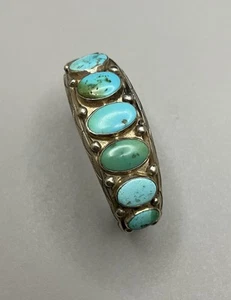 Early Vintage Navajo Sterling Silver & Turquoise 7 Stone Stamped Cuff Bracelet - Picture 1 of 11