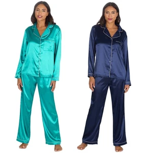 Ladies Satin Pyjamas Long Sleeve Button Front Pyjama Set PJs Size 10-24 - Picture 1 of 19