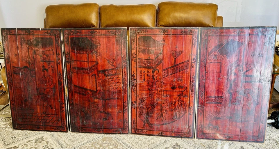 "4 pinturas chinas de la década de 1850 sobre paneles de madera 38""x22"" escenas de género sin enmarcar como están" Foto 1 de 4