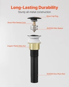 Bathroom Sink Drain with Overflow, Brass and 304 Stainless Steel Pop Up Drains, - Picture 1 of 10