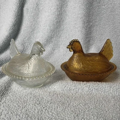 Set of 2 Indiana Glass Amber/Gold and Clear Hen On Nest Candy Dish 7''  - Image 1 of 4
