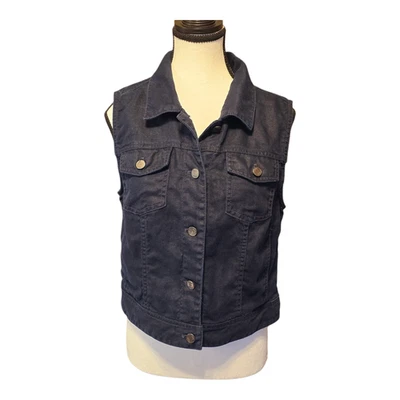 Colete J Jill Feminino 100% Linho Botão de Pressão Pequeno Azul Marinho Costeiro Clássico Casual - Imagem 1 de 4