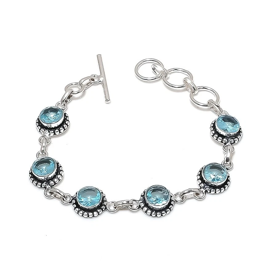 Aqua Aquamarine Gemstone Handmade 925 Sterling Silver Jewelry Bracelet Size 7-8" - Image 1 of 1