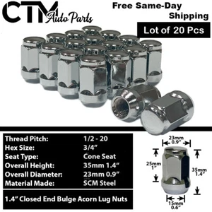 20x Chrome 1/2-20 Cone Seat Acorn Lug Nuts 3/4" Hex Fit Jeep Dodge Jaguar & More - Picture 1 of 4