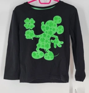 Disney Junior Mickey Mouse St. Patrick's Day Shamrock Green Black L/S T-Shirt 2T - Picture 1 of 2