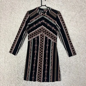 Free People Dress Womens Black Medium Stella Knit Mini Mock Neck Geometric 70s - Picture 1 of 11