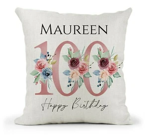 Personalised 100th Birthday Cushion for her Pink Blue Floral Nan Mum Friend Gift - Picture 1 of 4