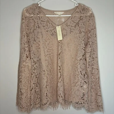 ADIVA NEW Blouse Women M Lace Tank Blush Floral Bell Sleeve V-Neck - Imagem 1 de 4