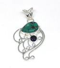 925 Sterling Silver Natural Tibetan Turquoise, Amethyst Round Cut Pendant 1.75"