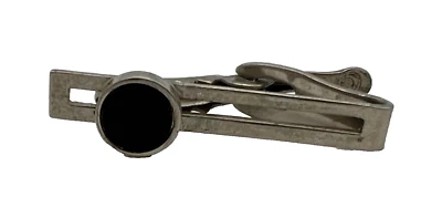 Vintage Art Deco Silver Tone Tie Clip with Simulated Stone Black Circle Accent - Image 1 of 4