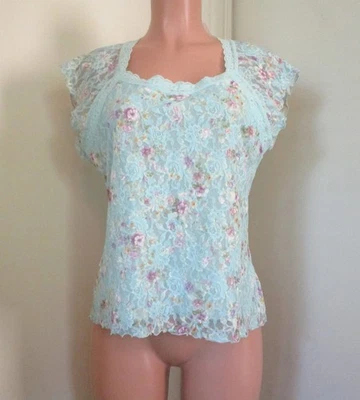 HANKY PANKY LIGHT BLUE MULTI-COLOR FLORAL MADE IN USA LACE CAMISOLE, SIZE XL - Image 1 of 4