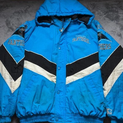 Vintage Carolina Panthers Puffer Jacket Mens Large Starter Hooded NFL Pro Line - Image 1 of 4