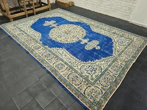 Alfombra grande vintage hecha a mano azul oriental orgánica para dormitorio 7x10, 89"x125" - Imagen 1 de 15