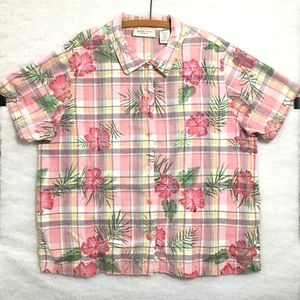 Lemon Grass woman 1X button up blouse floral embroidered plaid tropical Cotton - Picture 1 of 8