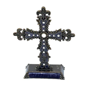 Metal Standing Cross Figurine Jeweled Ornate Enameled Religious Home Decor - Picture 1 of 6