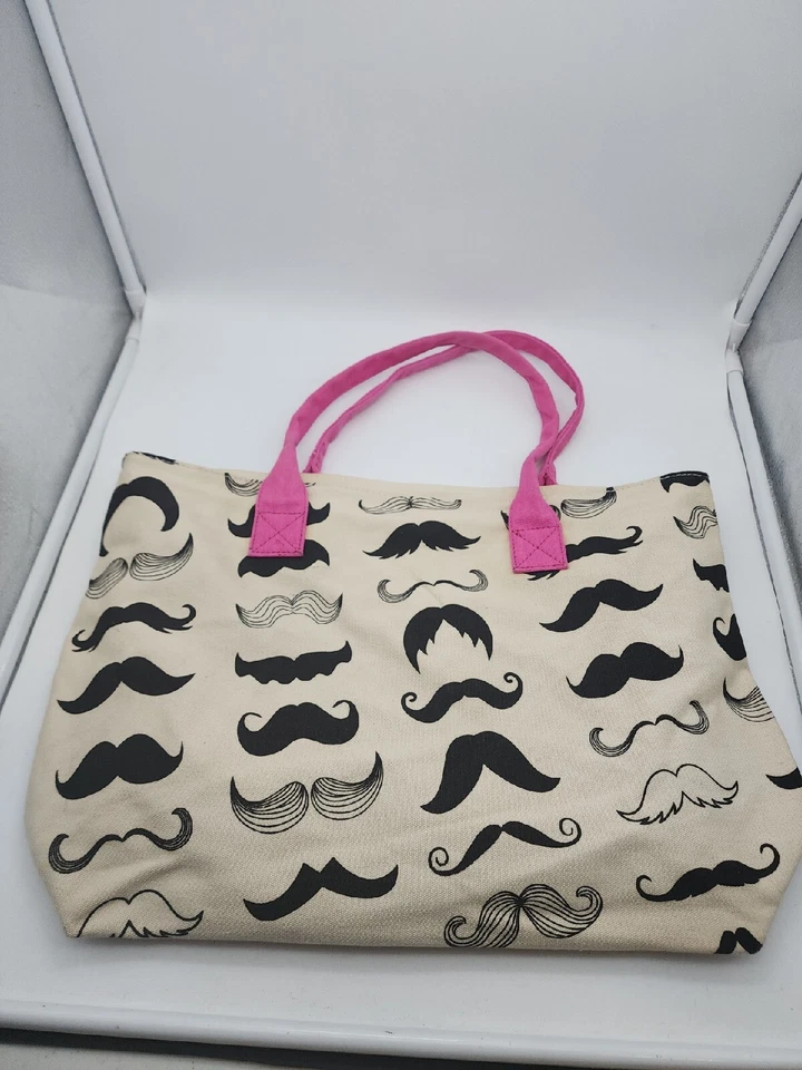 Mustaches Canvas Tote Handbag Bag Shopper 17” x 12” Pink Zipper Lined - Image 1 of 4