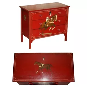 EQUESTRIAN ANTIQUE VICTORIAN PINE HAND PAINTED HORSE & JOCKEY CHEST OF DRAWERS - Picture 1 of 15