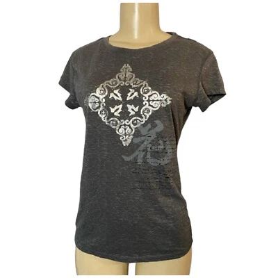 Camisa de Yoga Earth Yoga Algodón Orgánico Gris Burnout Estampado Metálico Logo Mediana Top Foto 1 de 4