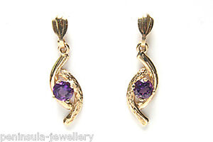 9ct Gold Amethyst Drop Dangly Earrings Gift Boxed Made in UK