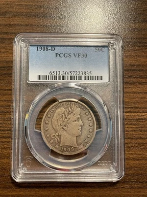 1908-D Barber Silver Half Dollar 50C PCGS VERY FINE 30 VF 30 VF30 - Image 1 of 4