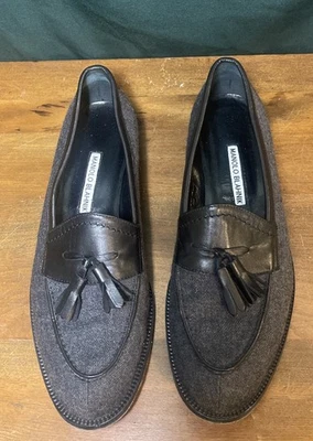 Мокасины Manolo Blahnik серые джинсовые/кожаные с кисточками размер 38,5 - Изображение 1 из 4